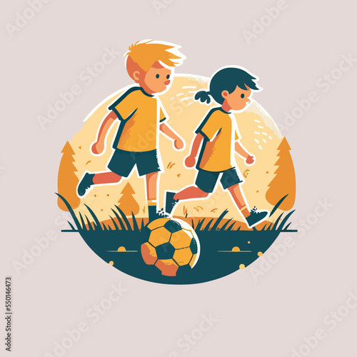 Kids playing football soccer boy girl children kid player in action kicking soccer ball, for a football club or soccer club logo design, isolated flat illustration
