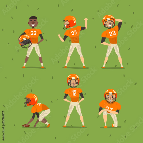 Male Rugby Players or American Football Players in Uniform and Helmets on Green Field Vector Set © topvectors