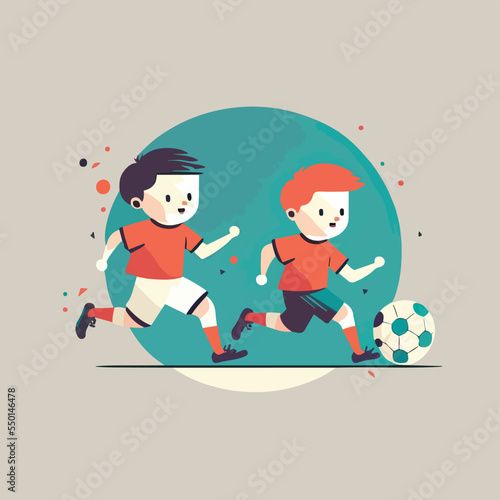 Kids playing football soccer boy girl children kid player in action kicking soccer ball, for a football club or soccer club logo design, isolated flat illustration
