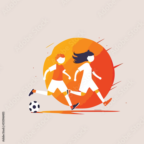Kids playing football soccer boy girl children kid player in action kicking soccer ball, for a football club or soccer club logo design, isolated flat illustration
