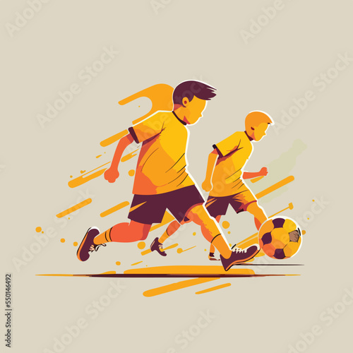 Kids playing football soccer boy girl children kid player in action kicking soccer ball, for a football club or soccer club logo design, isolated flat illustration
