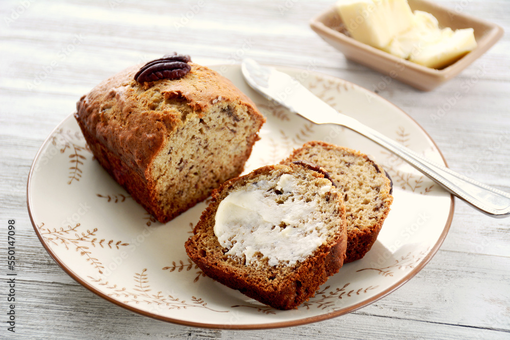 Mini banana loaf slices with butter