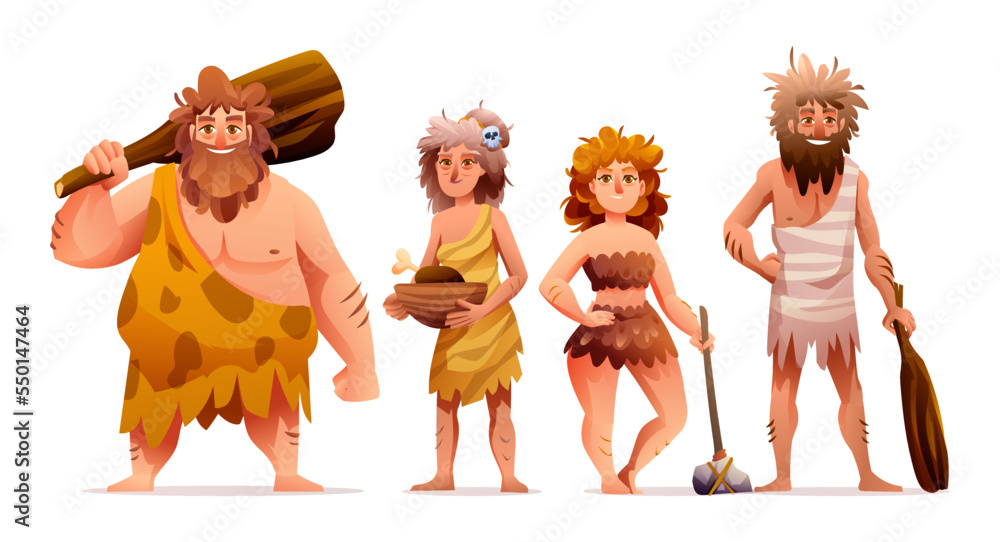 Primitive people characters. Prehistoric stone age caveman set
