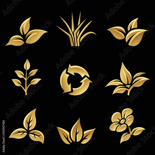 Golden Glossy Leaves on a Black Background