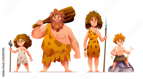 Primitive people characters. Prehistoric stone age caveman family cartoon illustration