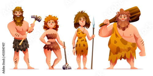 Primitive people characters. Prehistoric stone age caveman set vector illustration