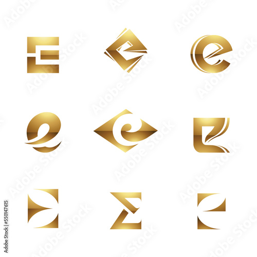 Golden Glossy Letter E Icons on a White Background