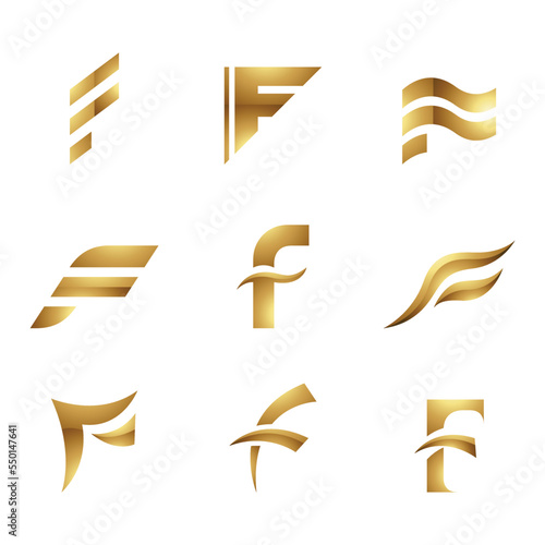 Golden Glossy Letter F Icons on a White Background