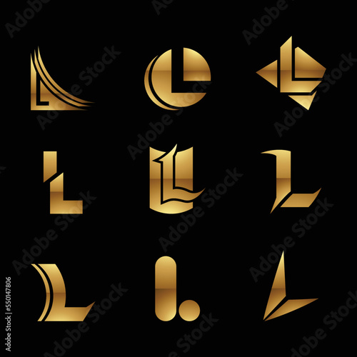 Golden Glossy Letter L Icons on a Black Background