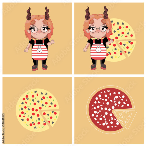 Conjunto de ilustraciones dibujadas a mano de personaje y pizza.