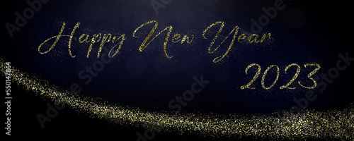 golden glitter Happy New Year message on dark background