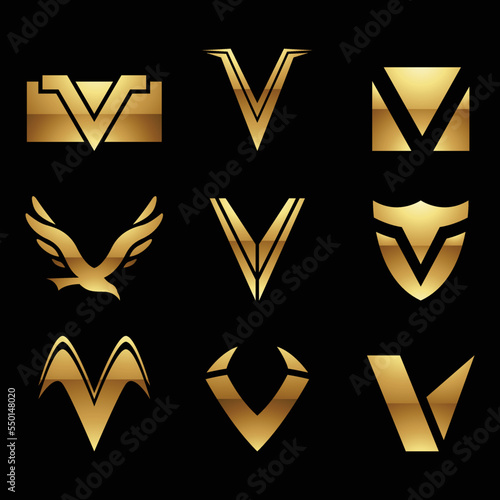 Golden Glossy Letter V Icons on a Black Background