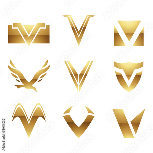 Golden Glossy Letter V Icons on a White Background