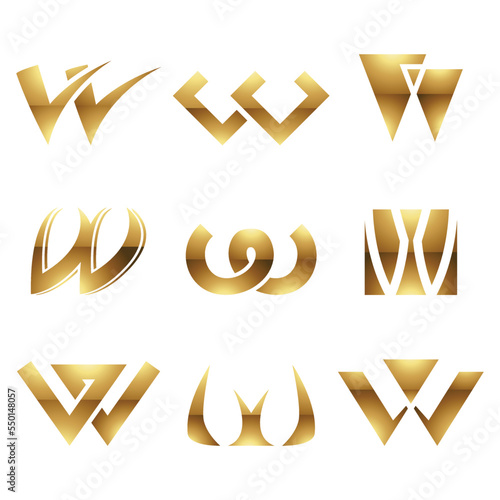 Golden Glossy Letter W Icons on a White Background