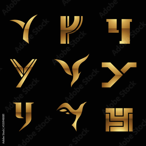 Golden Glossy Letter Y Icons on a Black Background