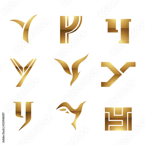 Golden Glossy Letter Y Icons on a White Background