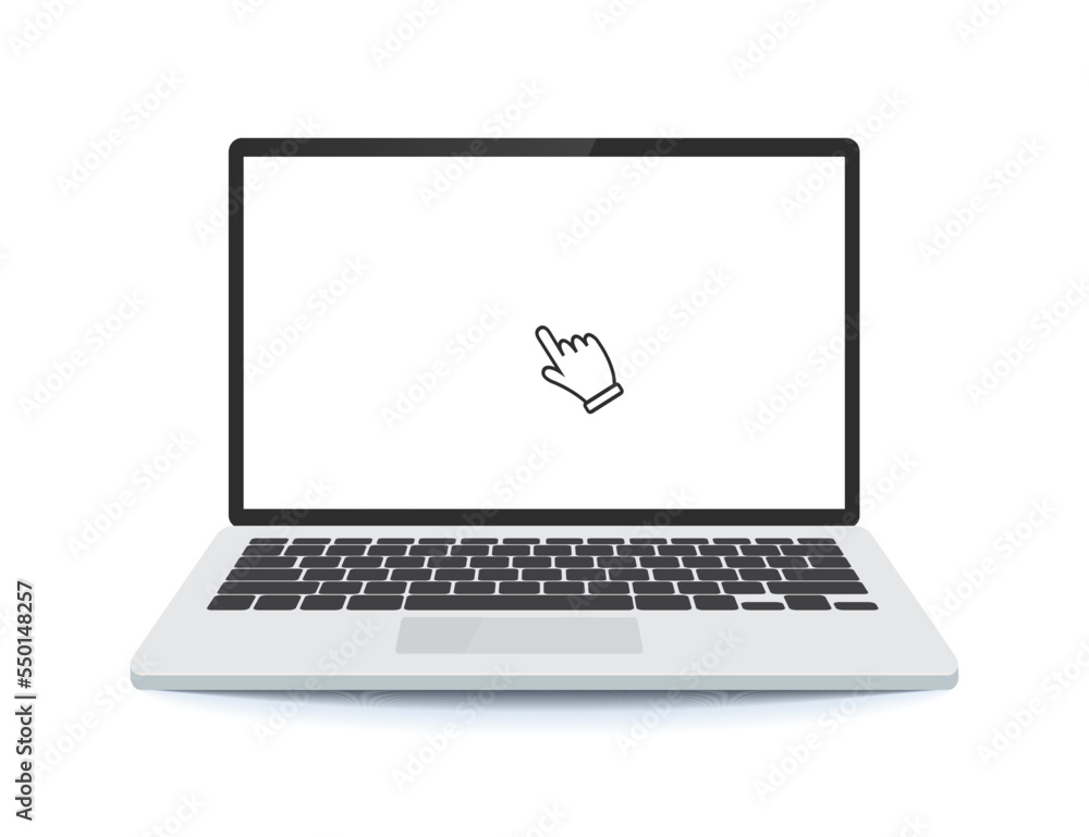 laptop mockup with an arrow on the screen. Laptop computer icon. Display with pointer mouse arrow cursor clicking on computer screen. laptop mockup with an arrow on the screen. Laptop computer icon. Display with pointer mouse arrow cursor clicking on computer screen.