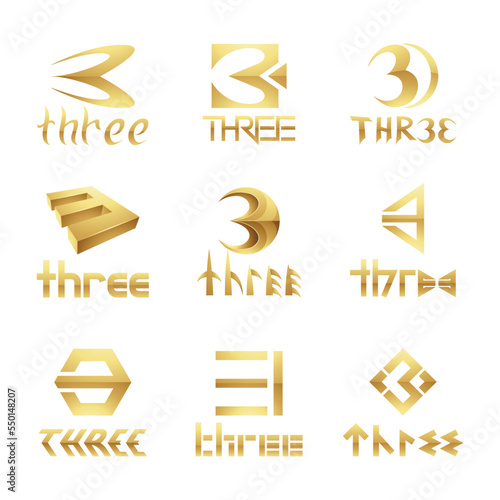 Golden Glossy Number 3 Icons on a White Background