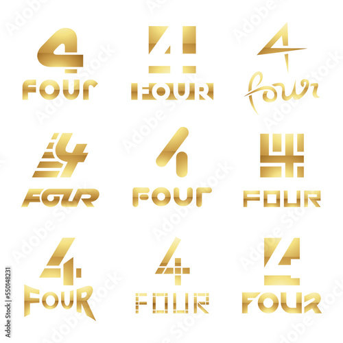 Golden Glossy Number 4 Icons on a White Background