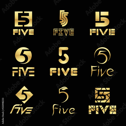 Golden Glossy Number 5 Icons on a Black Background
