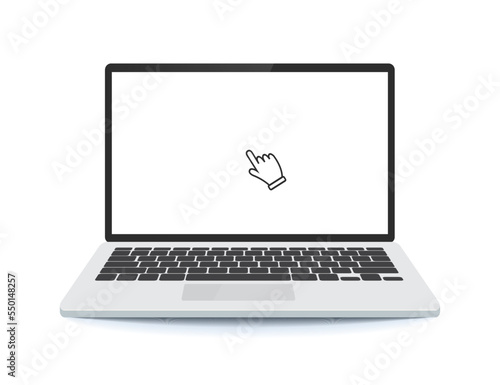 laptop mockup with an arrow on the screen. Laptop computer icon. Display with pointer mouse arrow cursor clicking on computer screen. 