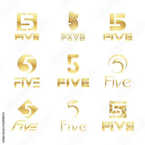 Golden Glossy Number 5 Icons on a White Background