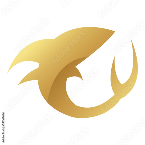 Golden Glossy Shark Icon on a White Background