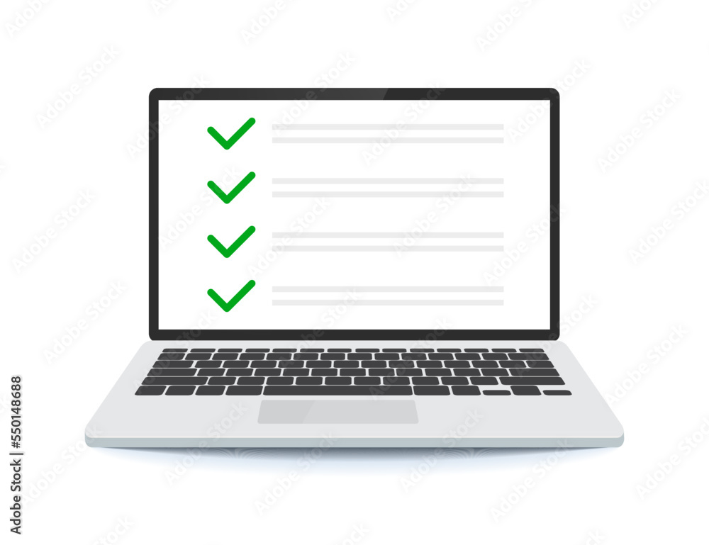 Checklist on laptop display, checkboxes with check mark. Checklist on laptop display, checkboxes with check mark.