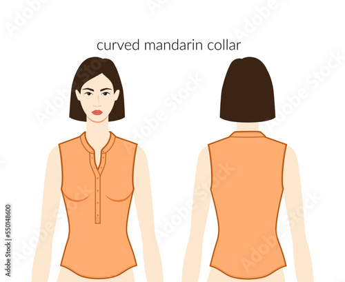 Curved mandarin neckline collars, plackets henley clothes character beautiful lady in orange top, shirt, dress technical fashion illustration. Flat apparel template. Women, men unisex CAD mockup