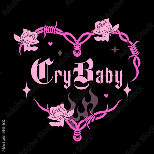 Y2k Graphic goth barbed wire heart with spikes and slogan: CryBaby, weird black and pink creepy print.Glamor gothic 2000s, 1990s, 90s, 00s, barbed aesthetic. Emo psychedelic vector icon.