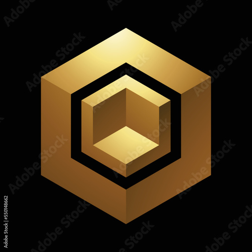 Golden Hexagonal Cube on a Black Background