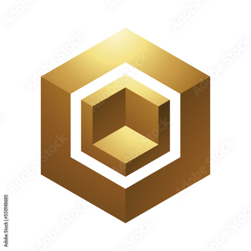 Golden Hexagonal Cube on a White Background