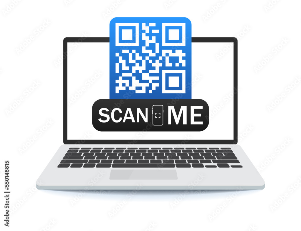 Scan me icon with laptop. Symbol or emblem. Laptop screen QR codes with scan me inscription Scan me icon with laptop. Symbol or emblem. Laptop screen QR codes with scan me inscription