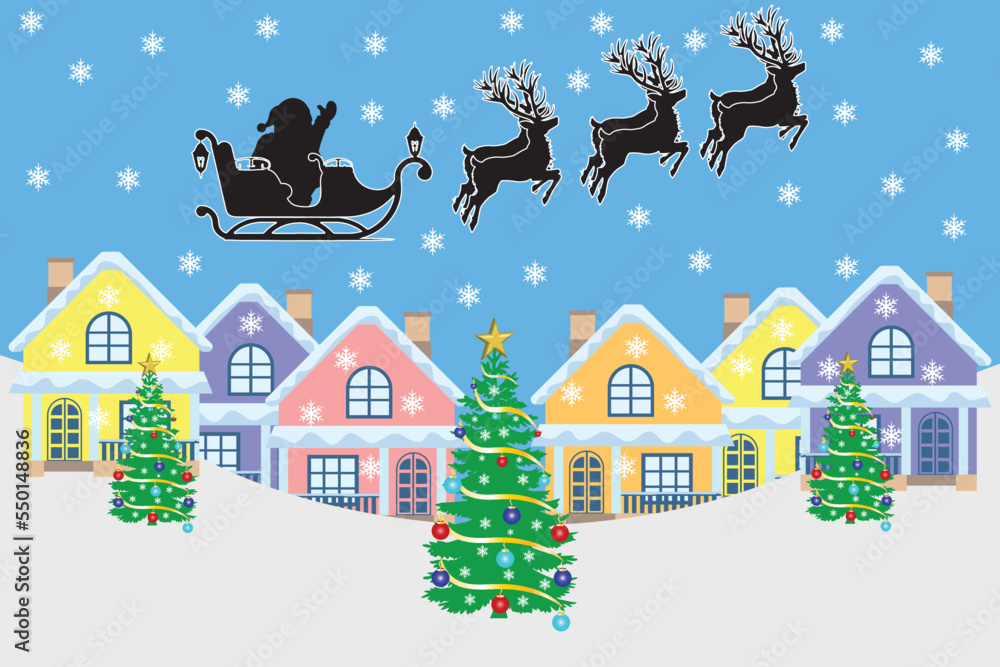 Christmas background illustration, Christmas atmosphere in the village is snowing, Santa Claus is flying on a sleigh pulled by reindeer