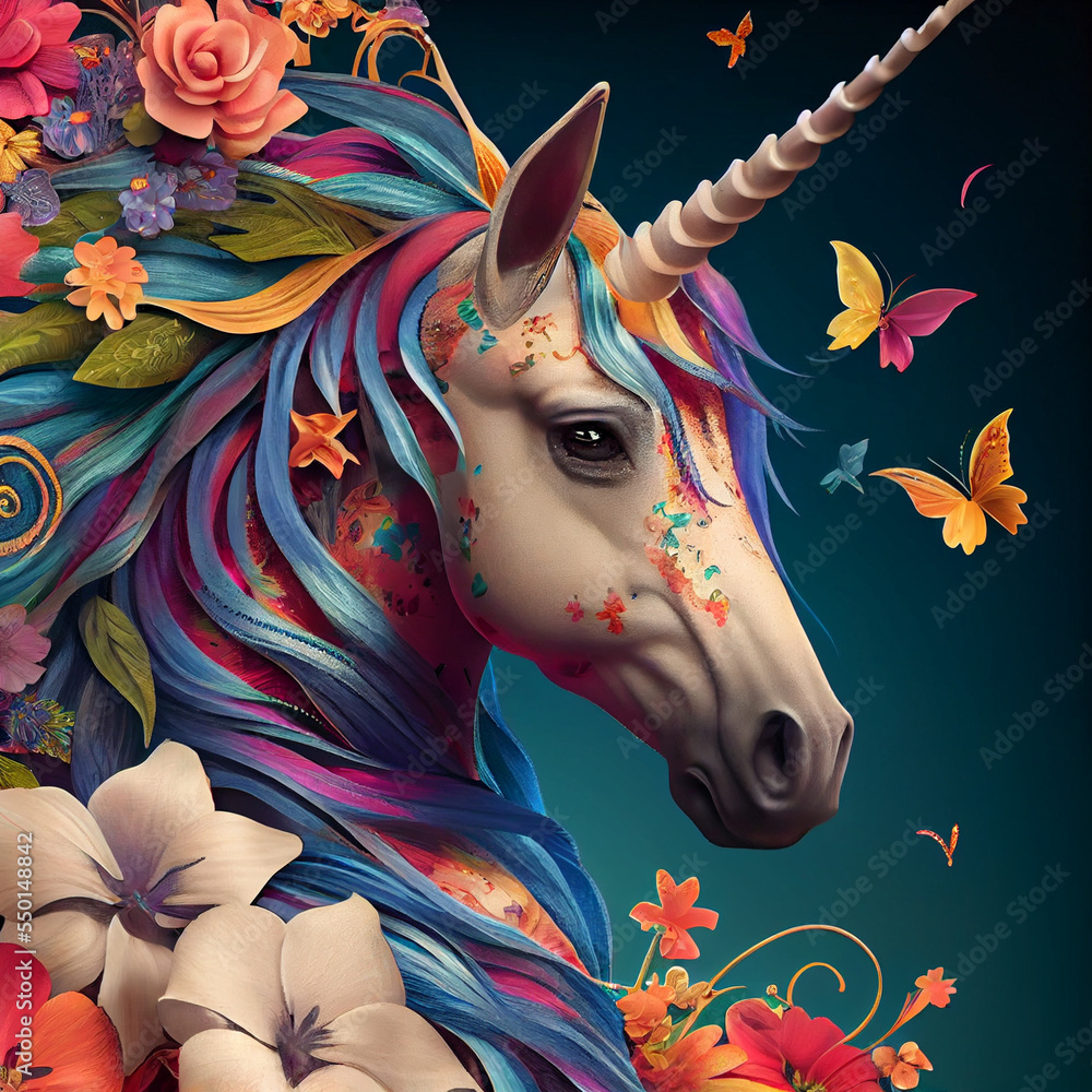 Rainbow Unicorn with Flowers and Butterflies, AI Stock Illustration