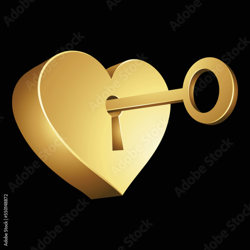 Golden Key Unlocking a Heart Shaped Lock on a Black Background