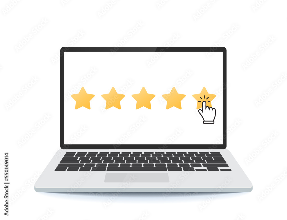 Laptop with customer choice product evaluation in star rating. Computer screen with customer feedback. Five stars customer review Laptop with customer choice product evaluation in star rating. Computer screen with customer feedback. Five stars customer review