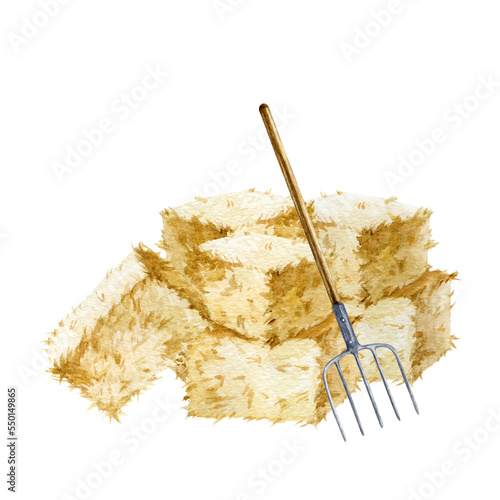 Hay brick pile with pitchfork. Watercolor illustration. Hand drawn dry grass pressed in bricks and hayfork farm tool element. Isolated on white background photo