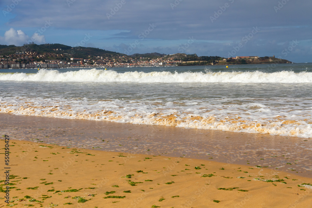 View from Playa America with Bayona in the background, Rías Baixas de Galicia, Spain