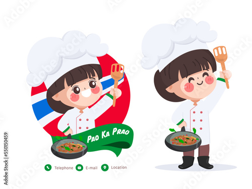 Cute chef cooking thai food character with Pad Ka Prao best quality. Hand drawn cartoon vector illustration.