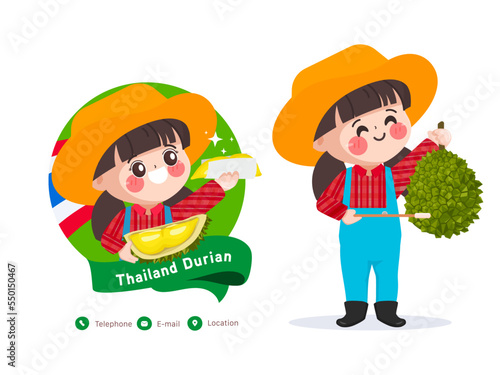 Durian fruit shop and cute woman seller. Food store market Thailand Durian Monthong best quality.