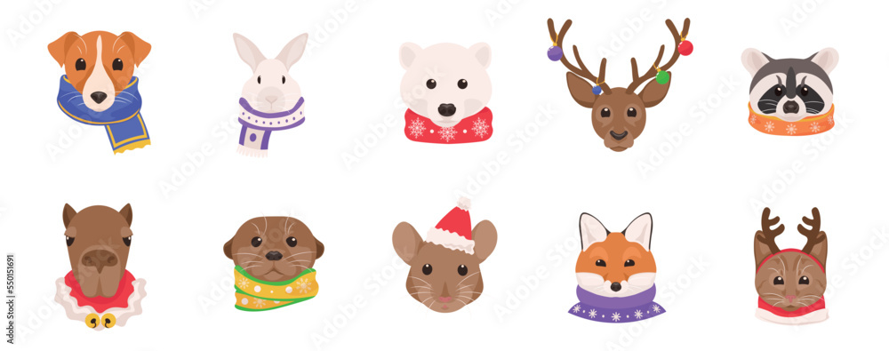 Set of funny animals in Christmas costumes and warm scarves on white background