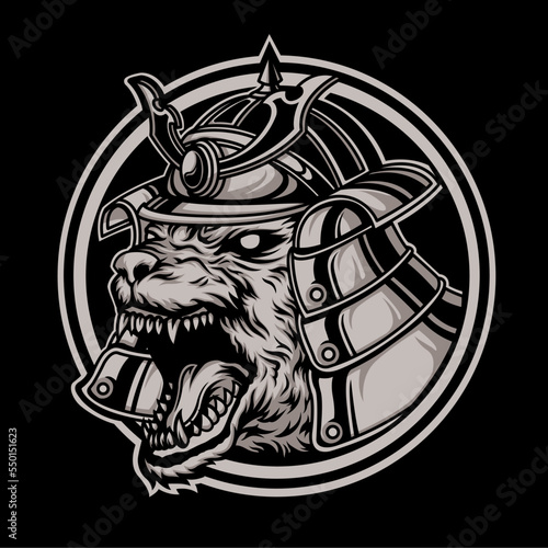 Logo object with a wolf's head on a samurai helmet, black background. Vector inspiration. This logo is for the community, shirt logo, emblem, poster. Vector illustration. photo
