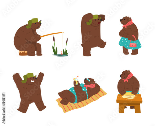 Humanized Brown Bear Character in Hat with Earflaps Fishing, Sunbathing with Cocktail, Rolling Dough Vector Set