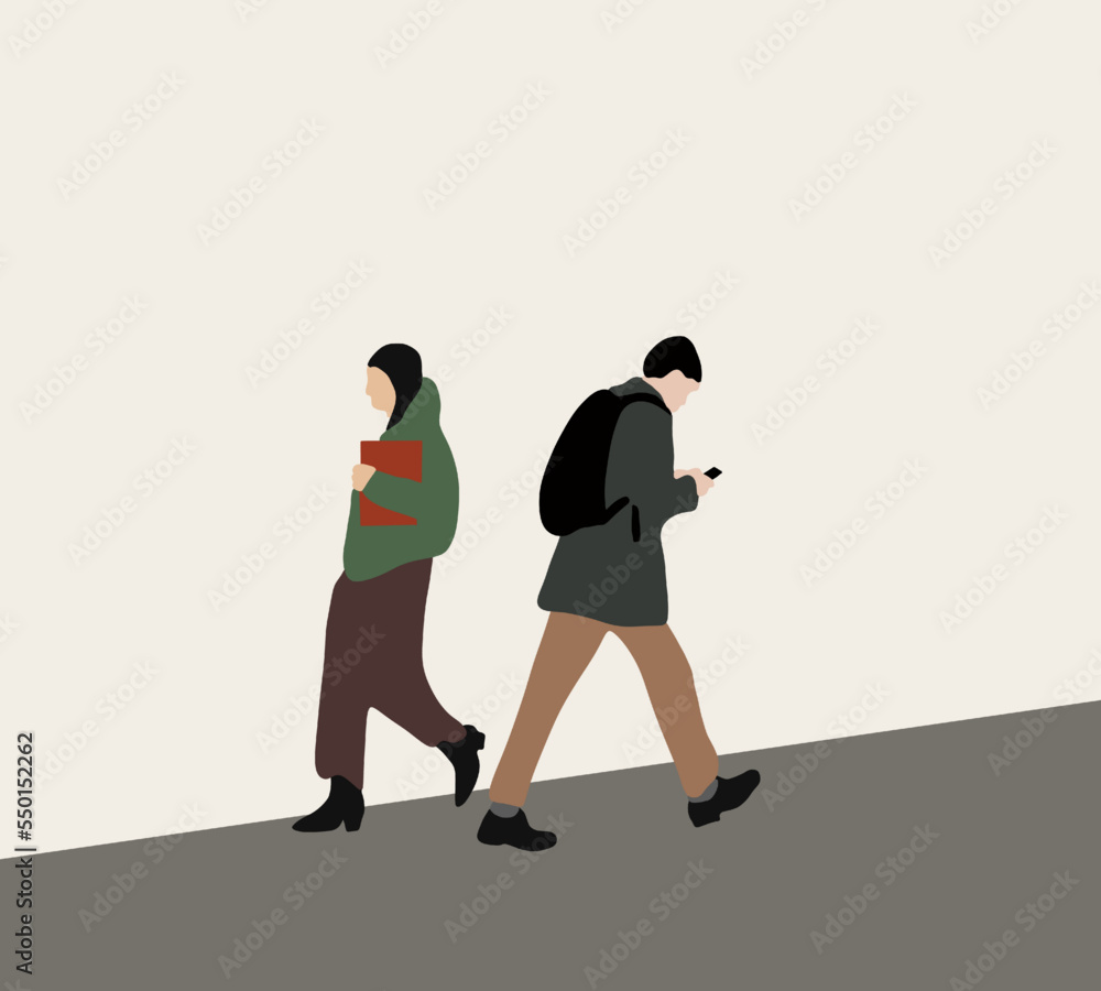 Students with a backpack and using mobile phone walking on city street going to university. Young people having fun outdoors Students with a backpack and using mobile phone walking on city street going to university. Young people having fun outdoors