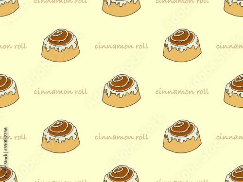 Cinnamon Roll cartoon character seamless pattern on yellow background
