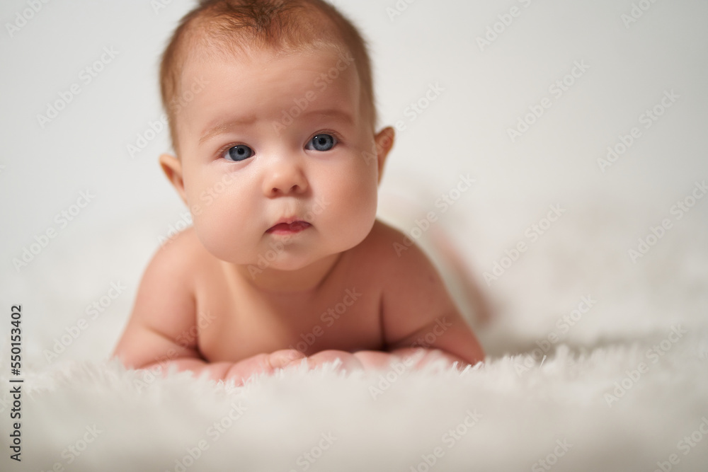 portrait of a quiet baby lying on his belly against a white background portrait of a quiet baby lying on his belly against a white background