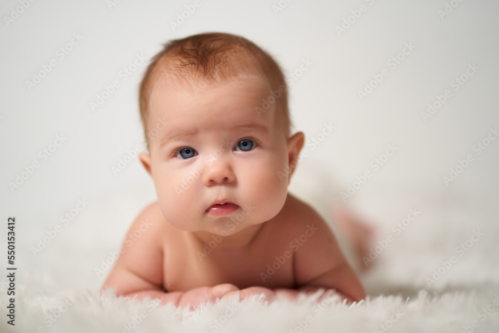 portrait of a quiet baby lying on his belly against a white background portrait of a quiet baby lying on his belly against a white background
