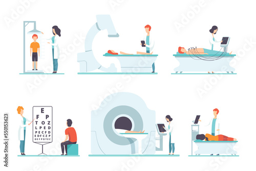 Medical Physical Health Checkup with Doctor Therapist Examinig Patient Vector Set