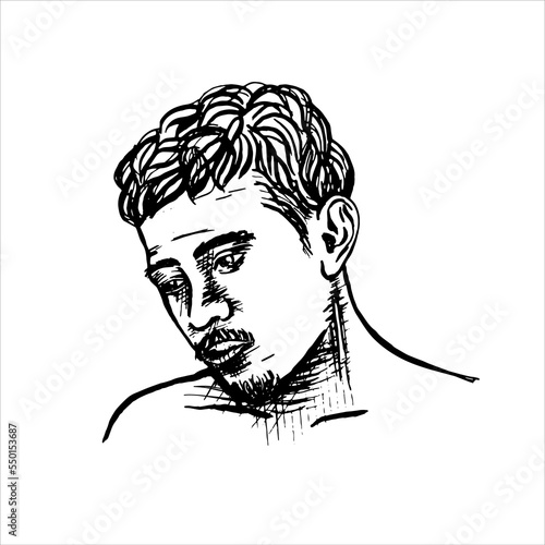 Depressed Asian man looking down retro old line art etching vector